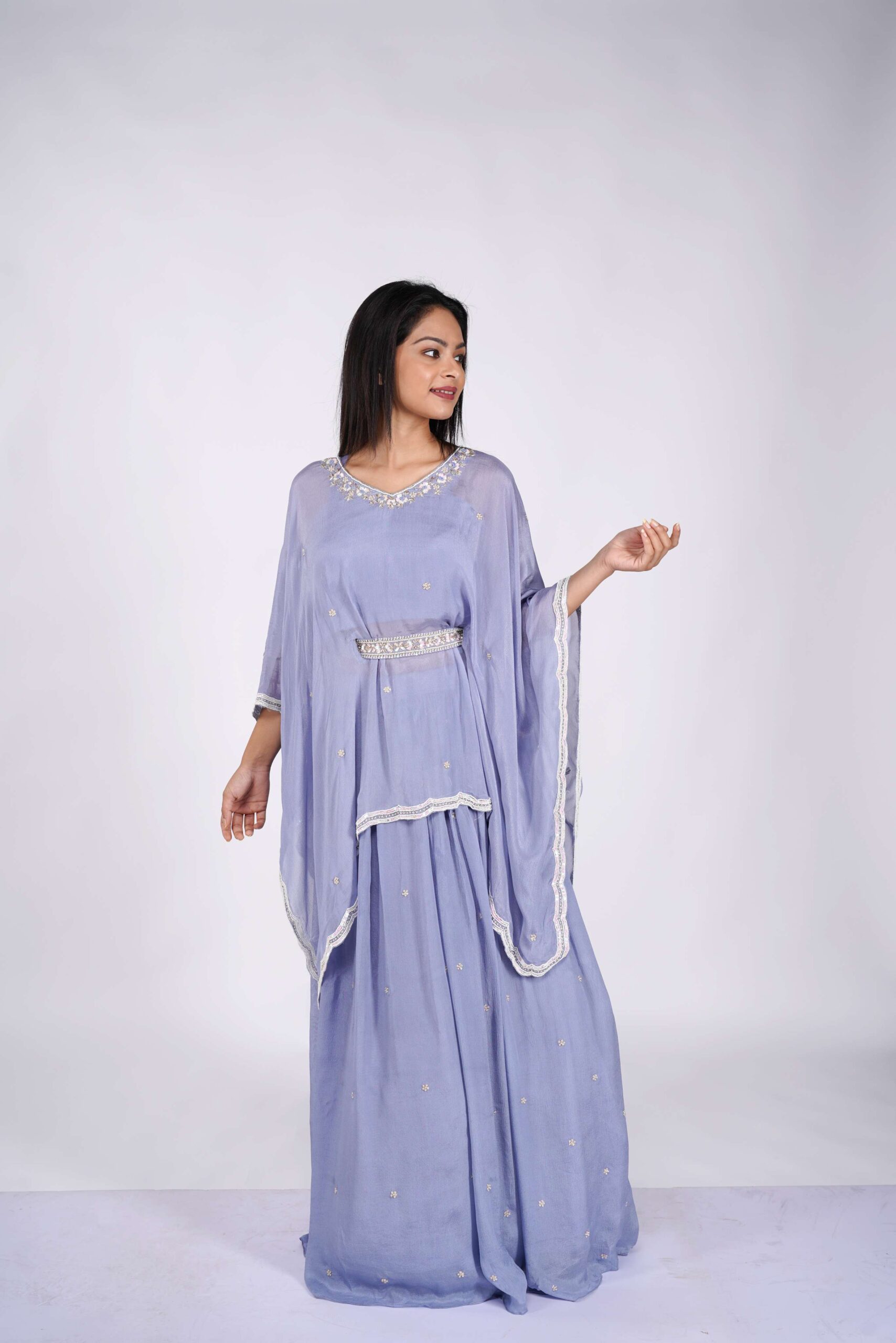 Beaded Zardozi Poncho Style Top & Long Skirt with Waist Belt Chinon Silk Purple 2-Piece Set