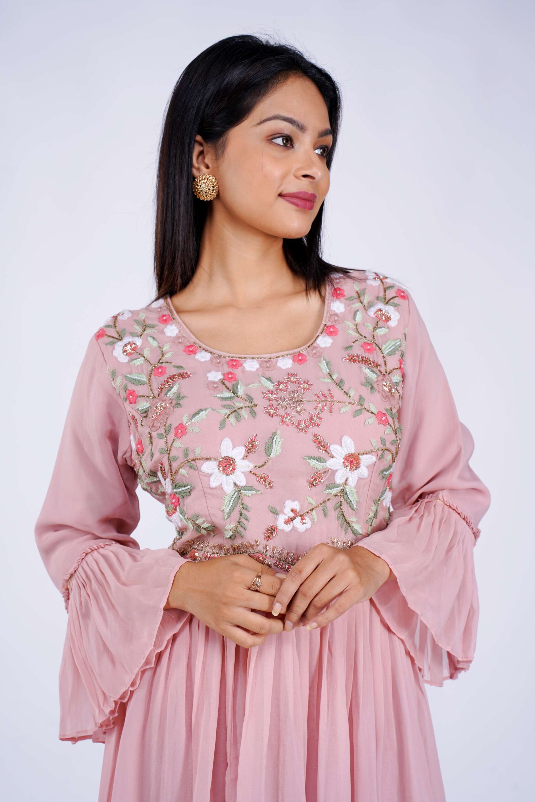 Light Pink Chinon Georgette 3-Piece Traditional Outfit with Boutique Garara, Bead, Zardozi, Thread, and Sequence Work