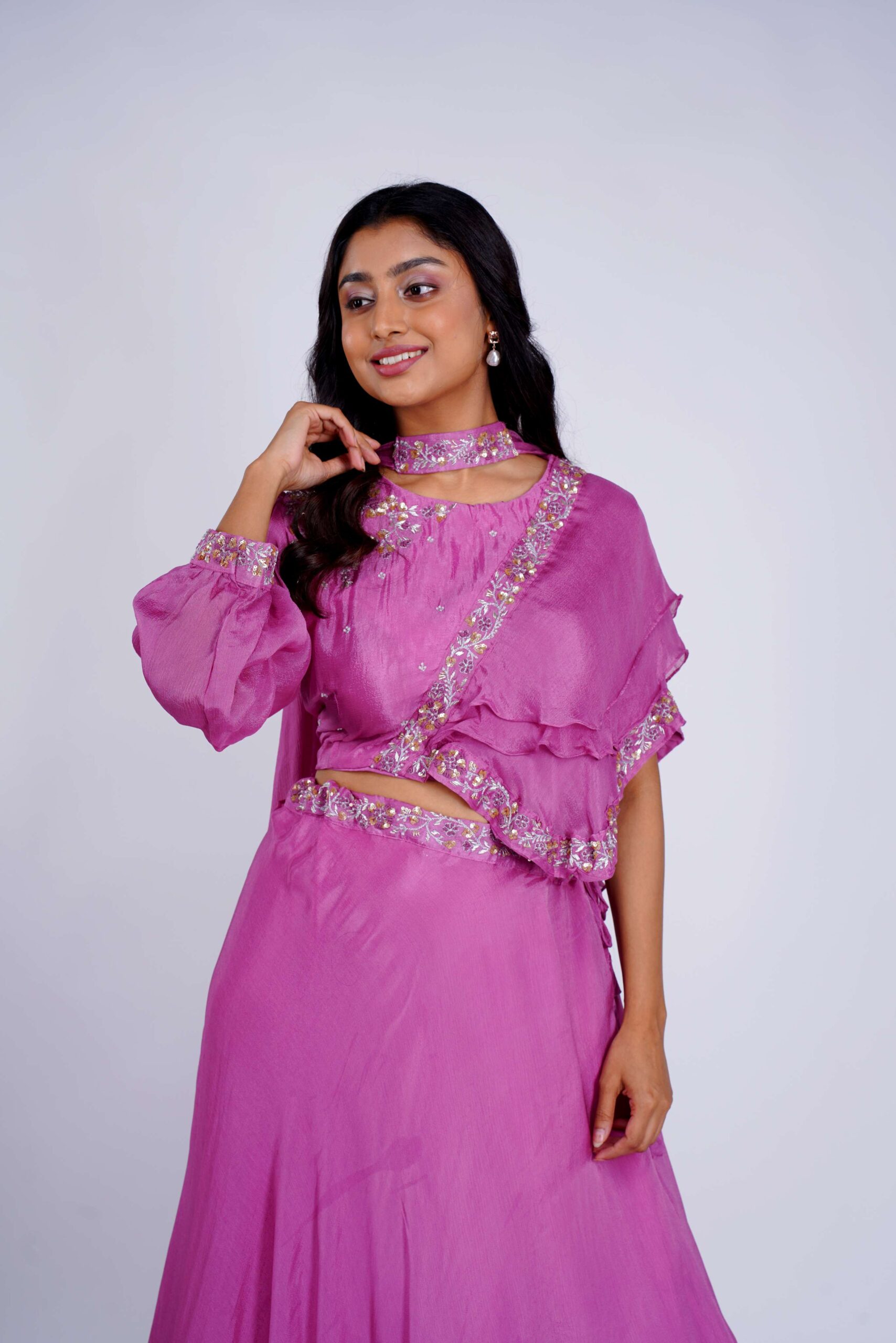 Chinon Silk Lilac Embroidered Work Choli with One-Sided Frills & Neck Belt Long Flared Skirt