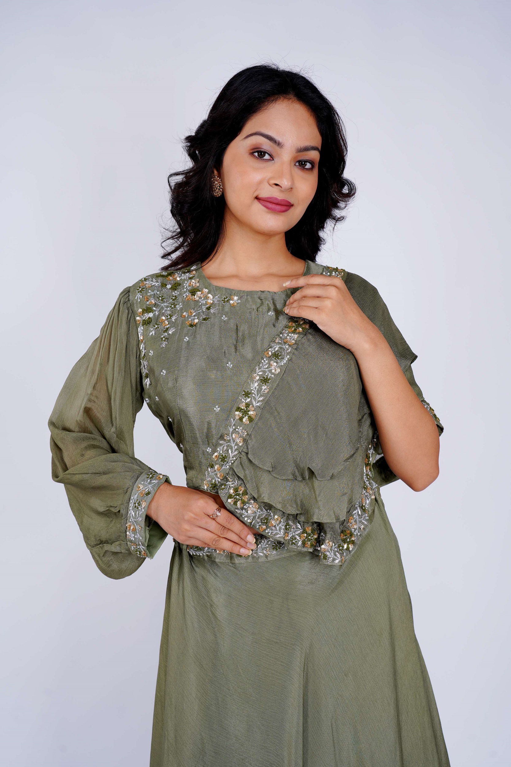 Chinon Silk Choli with Frills Long Flared Skirt Indowestern Olive Green Dress