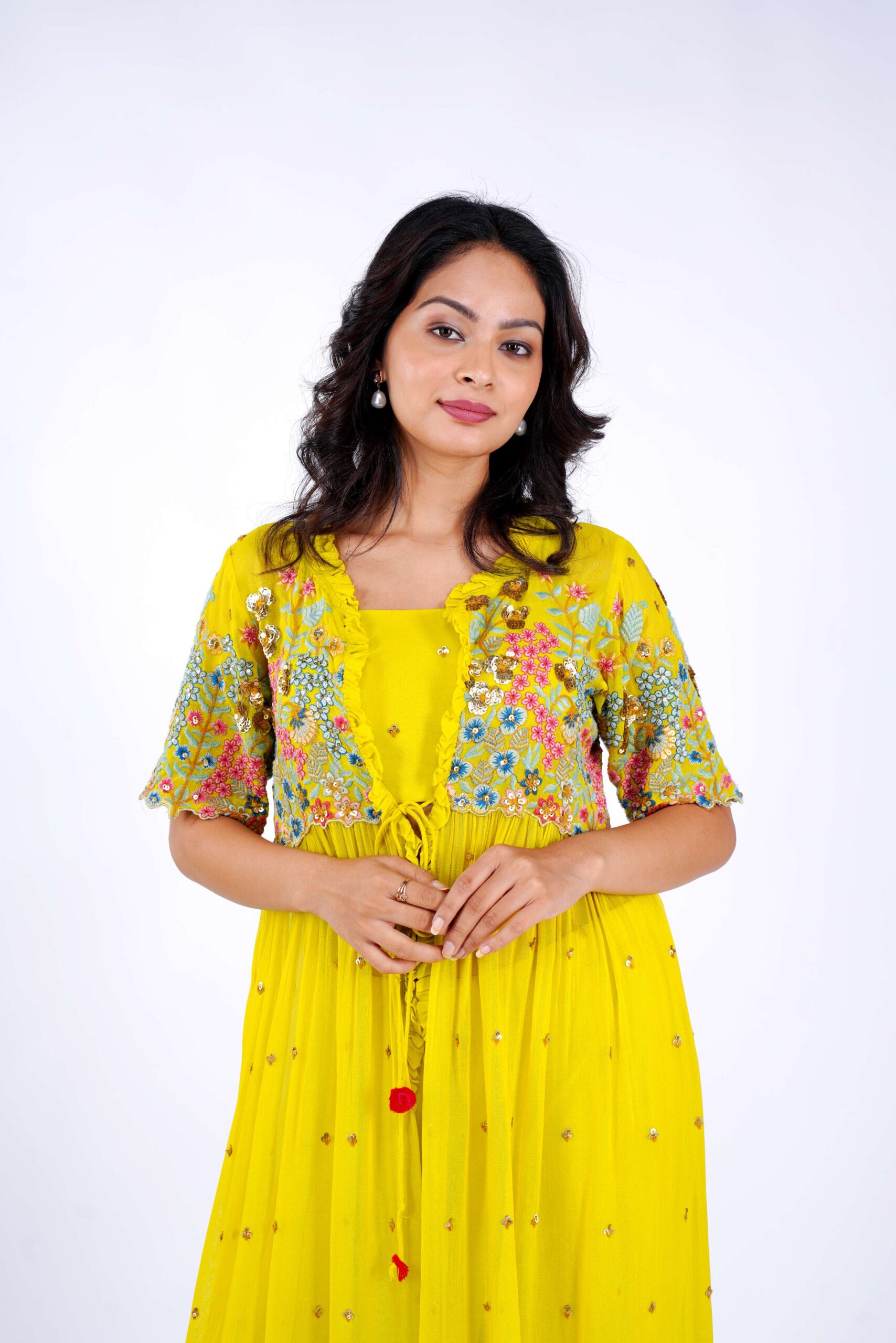 Chiffon Yellow Embroidered Long Jacket Plain Choli with Flared Palazzo 3-Piece Set