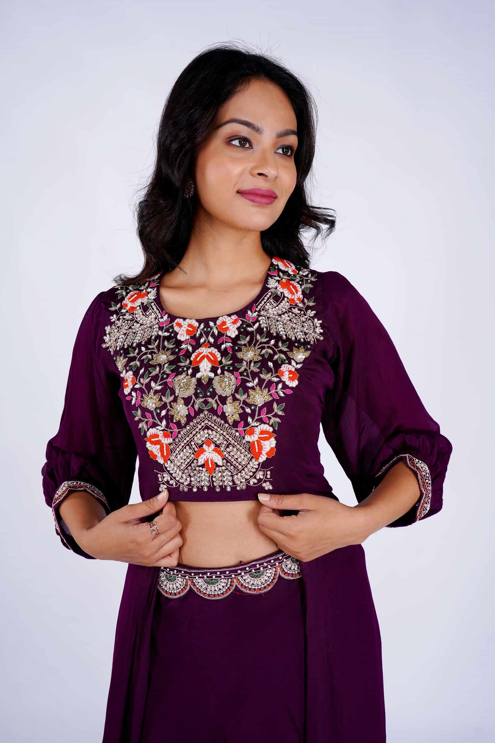 Chinon Silk Wine Zardozi & Sequence Work Embellished Choli with Attached Jacket & Long Flared Lehenga