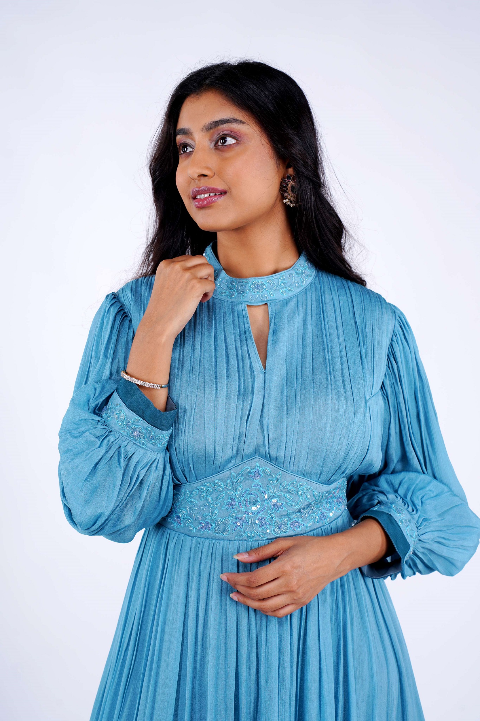 Blue Shaded Chinon Silk Gown with Puffed Sleeves & Embellished Neck Collar