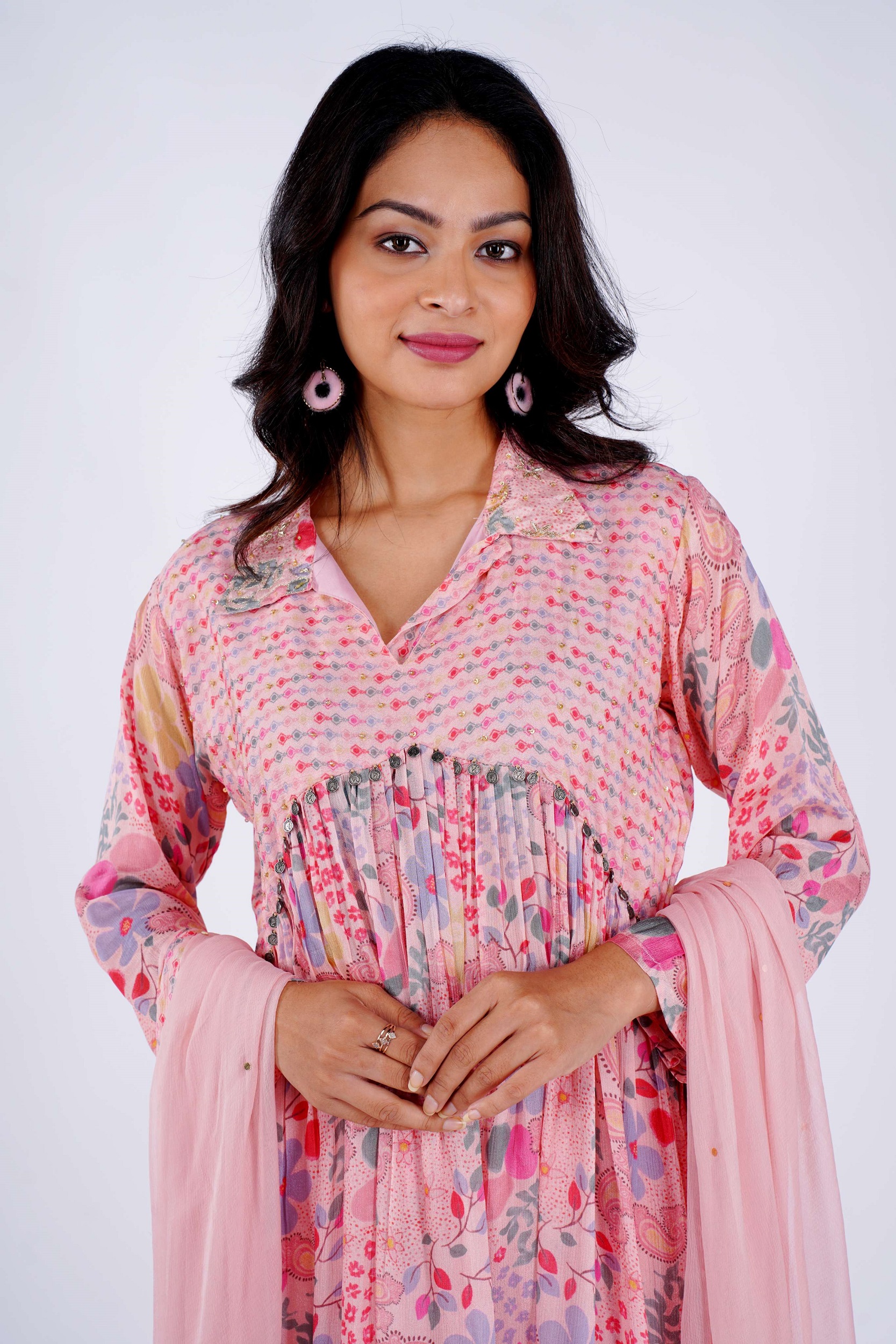 Baby Pink Georgette Long Suit with Straight Pant & Dupatta, Perfect for Women’s Ethnic Wear