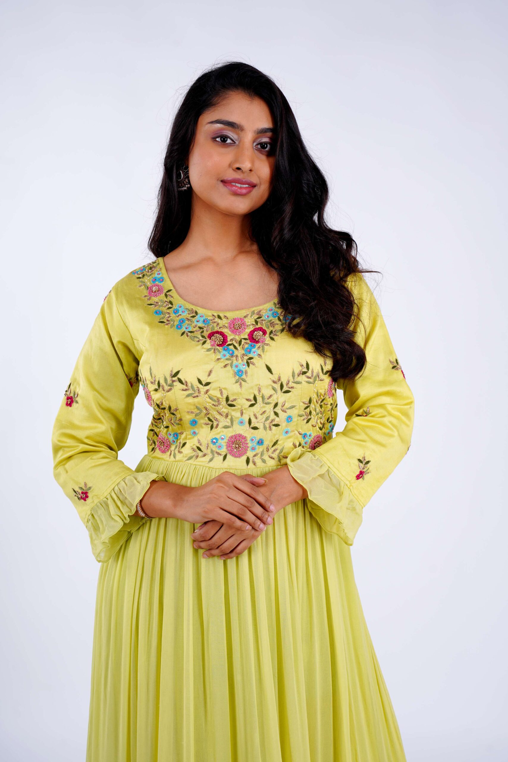 Lime Green Georgette Long Gown with Thread Work