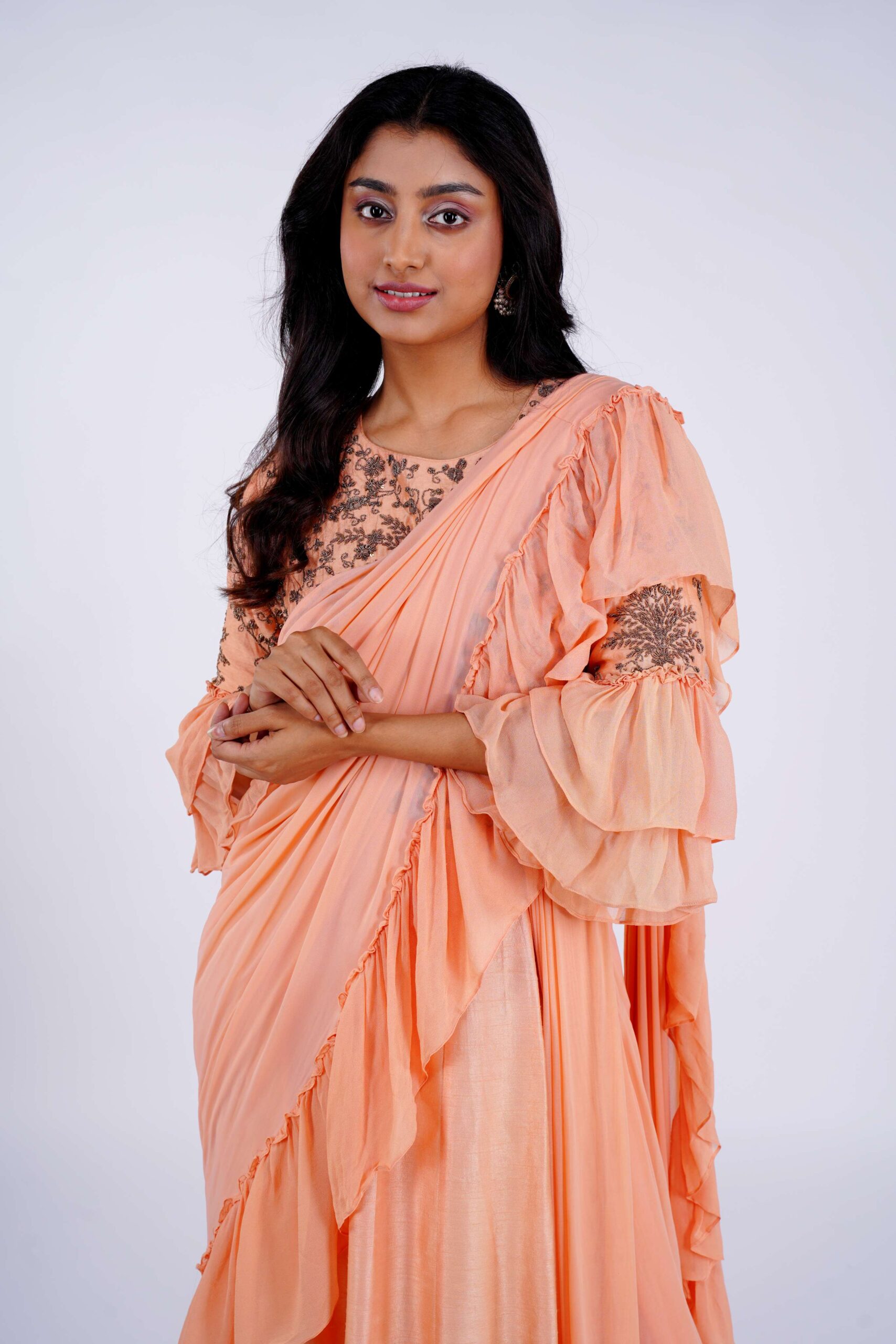 Peach Chinon Silk Long Gown with Drape Dupatta