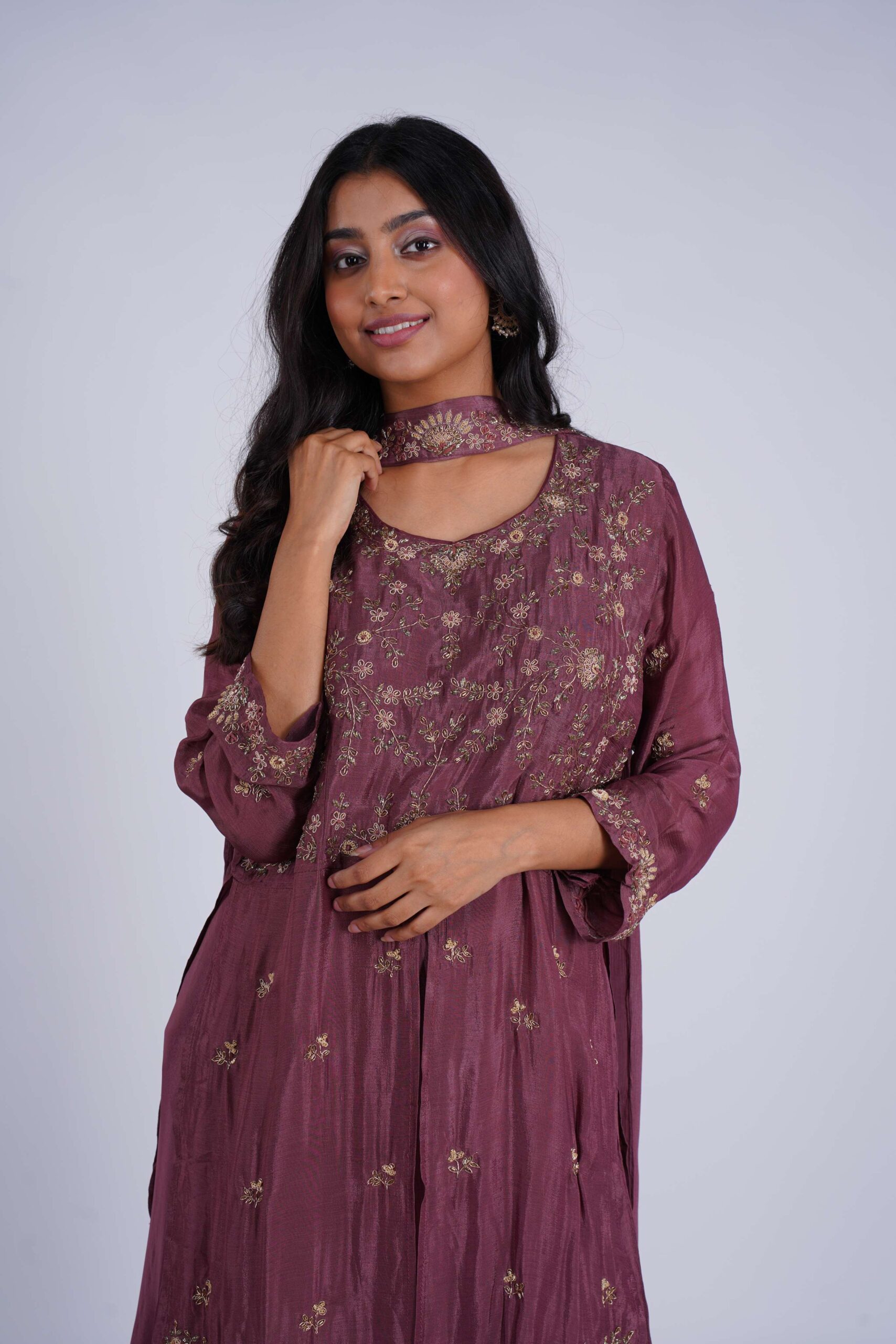 Deep Brown Chinon Silk Cutdana & Zardozi Knee Length Top with Long Flared Skirt