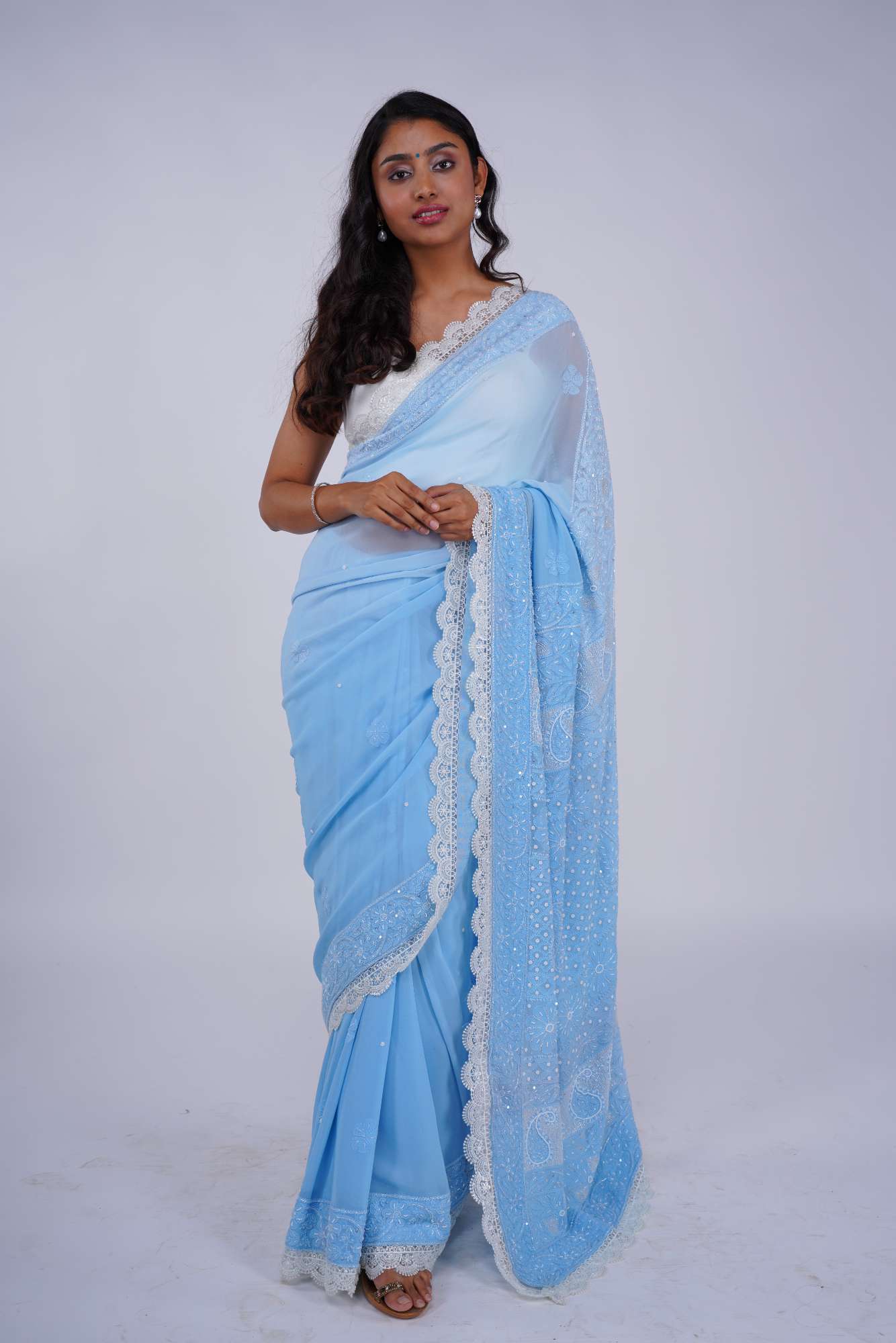 Exquisite Blue Georgette Lakhnawi Saree