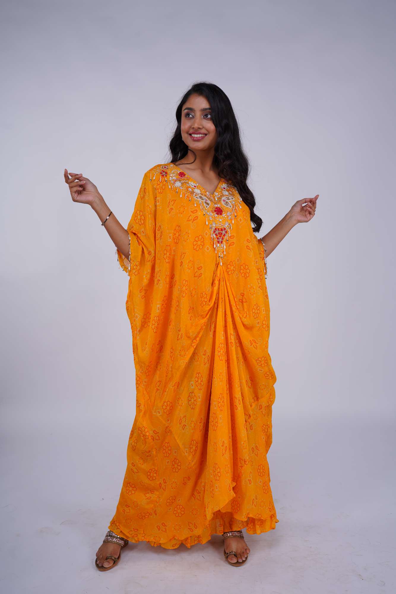 Vibrant Yellow Georgette Kaftan with Moti and Sequence Work