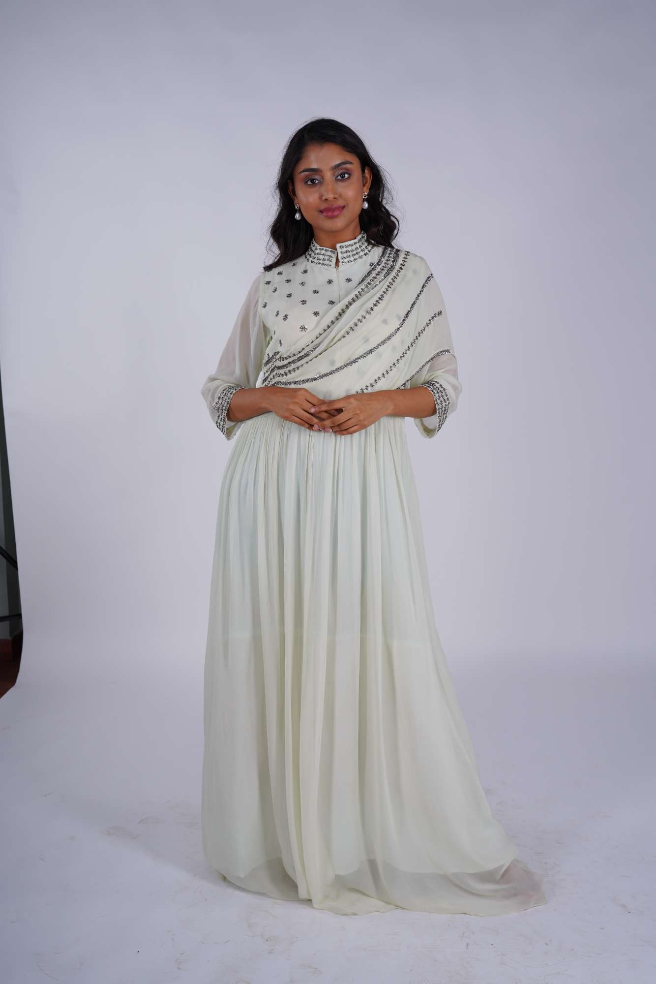 Elegant Cream Georgette Gown with Cutdana Work