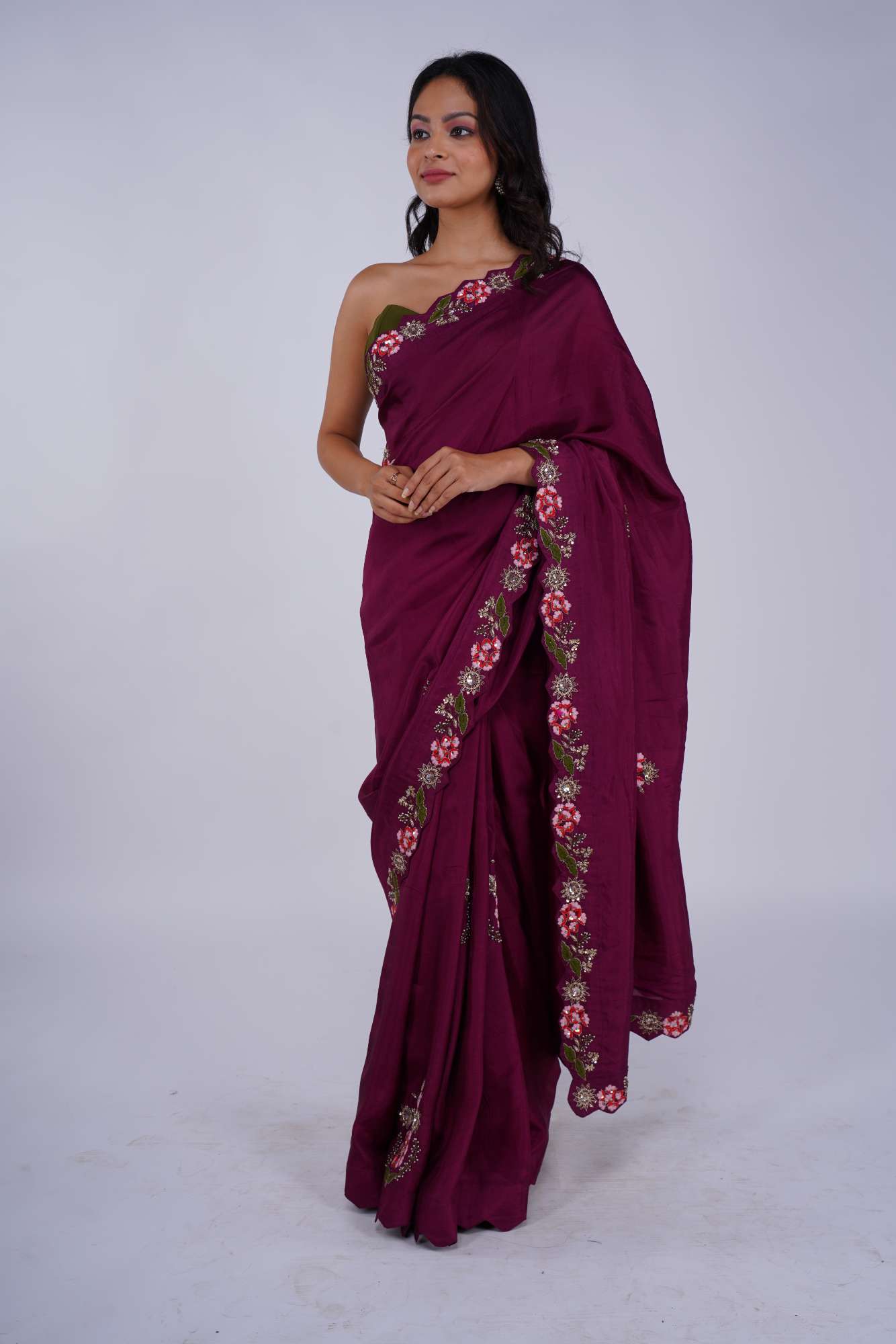 Deep Brown Chinon Silk Saree with Thread and Cut Work