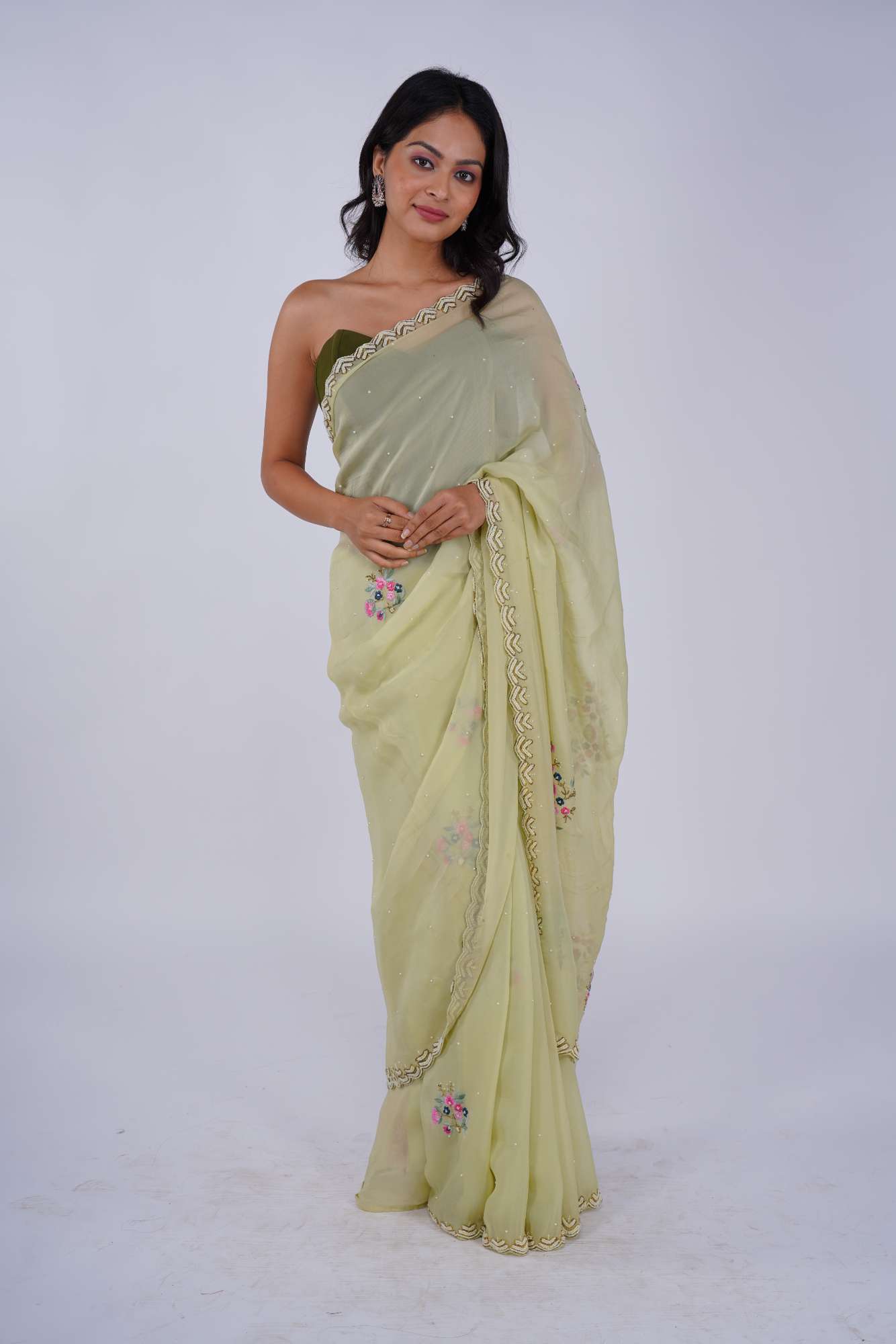 Beige Georgette Saree with Thread, Moti, and Cut Work