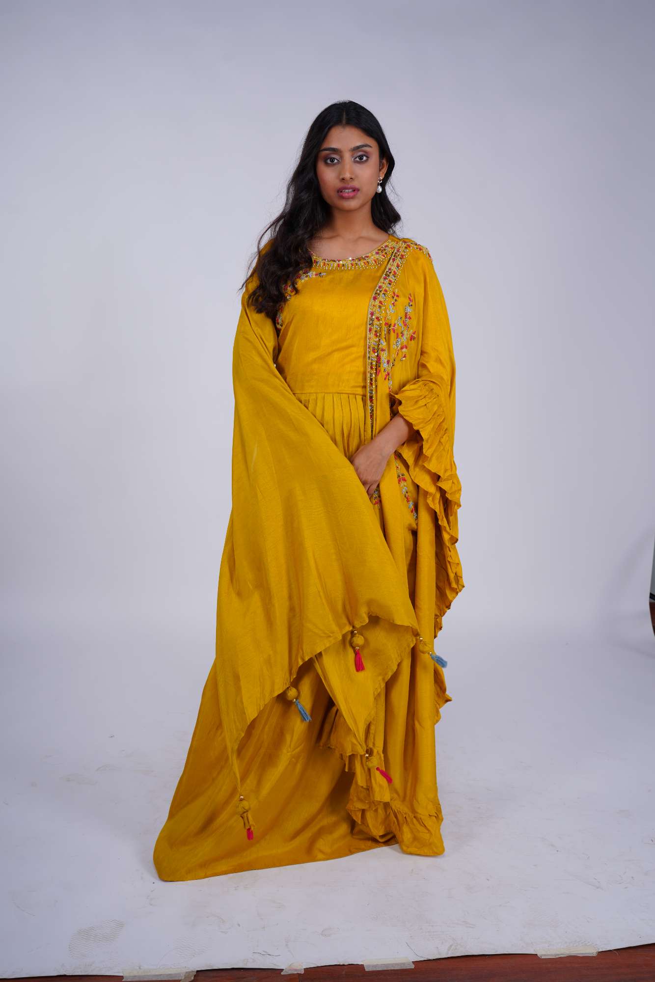 Mustard Yellow Chinon Silk Kaftan Gown