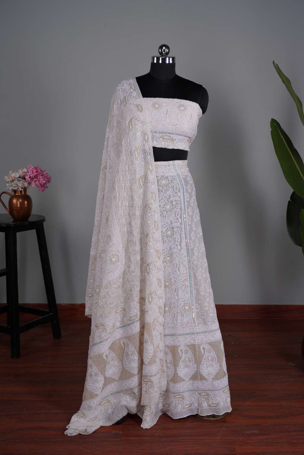 Regal Lakhnawi Georgette Lehenga with Fine Chikankari and Sequenced Work