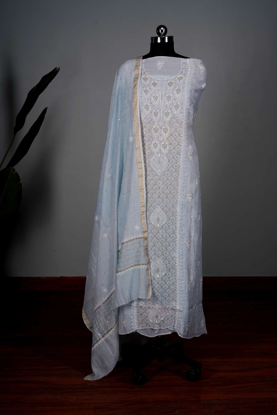 Light Blue Chinon Raw Silk Women’s Traditional 3-Piece Suit with Thread and Taar Work